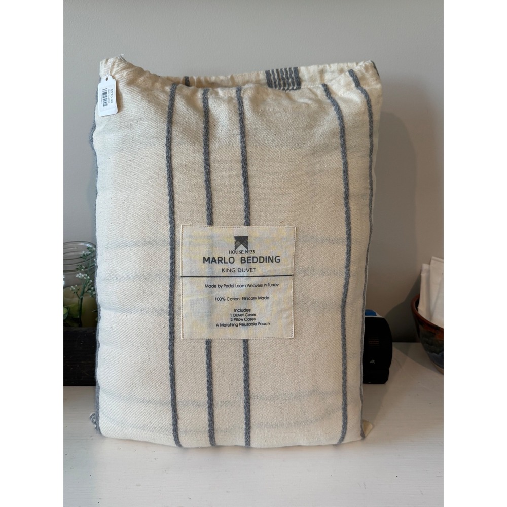 House No 23 Marlo King Duvet Set 100% Cotton Striped Cream Grey Made in Turkey